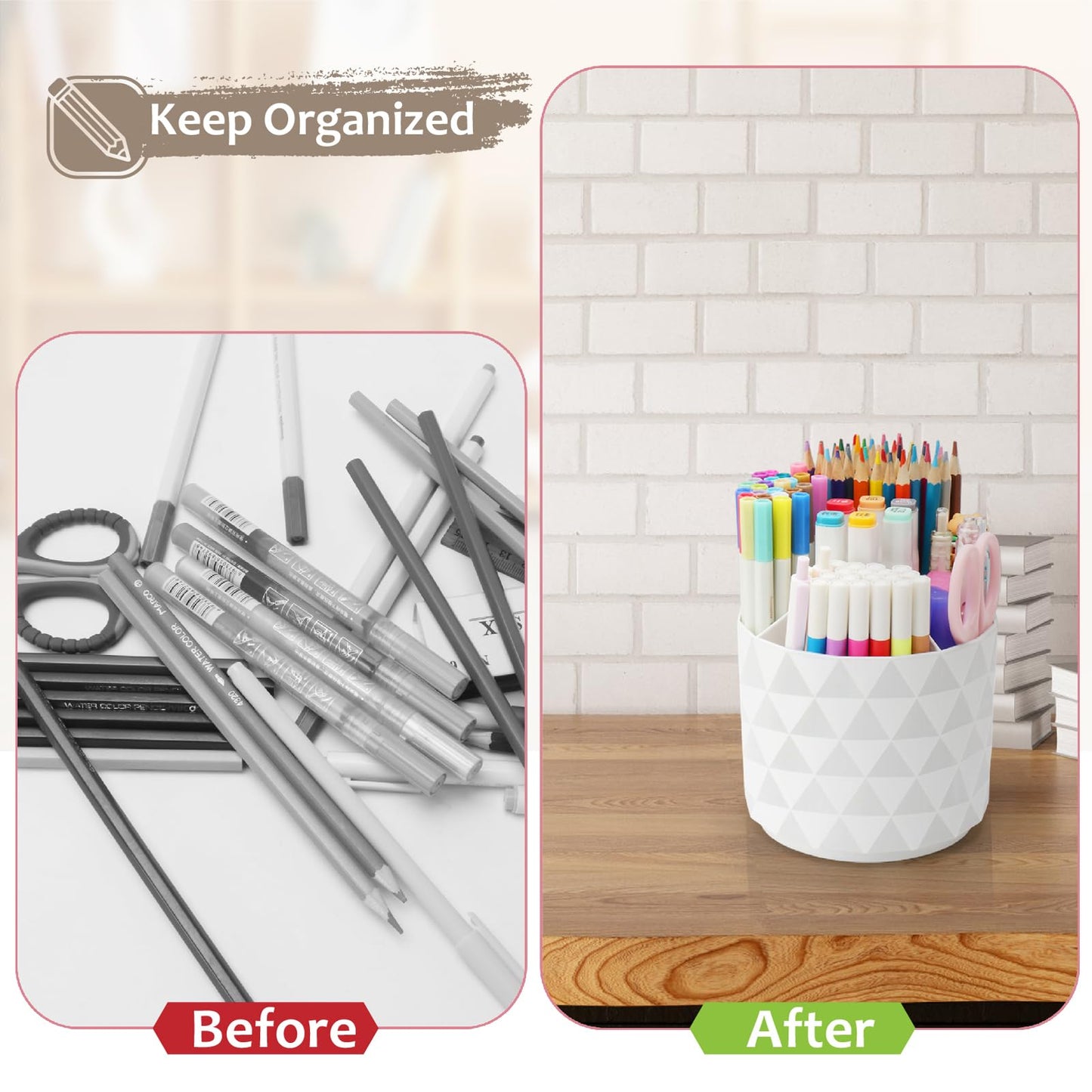 Nuozme Desk Organizer, 360-Degree Rotating Pencil Pen Holders For Desk, Diamond Pattern Pen Organizer With 5 Compartments, Cute Desk Accessories Decor For Office, School,Home,Art Supply (Green)