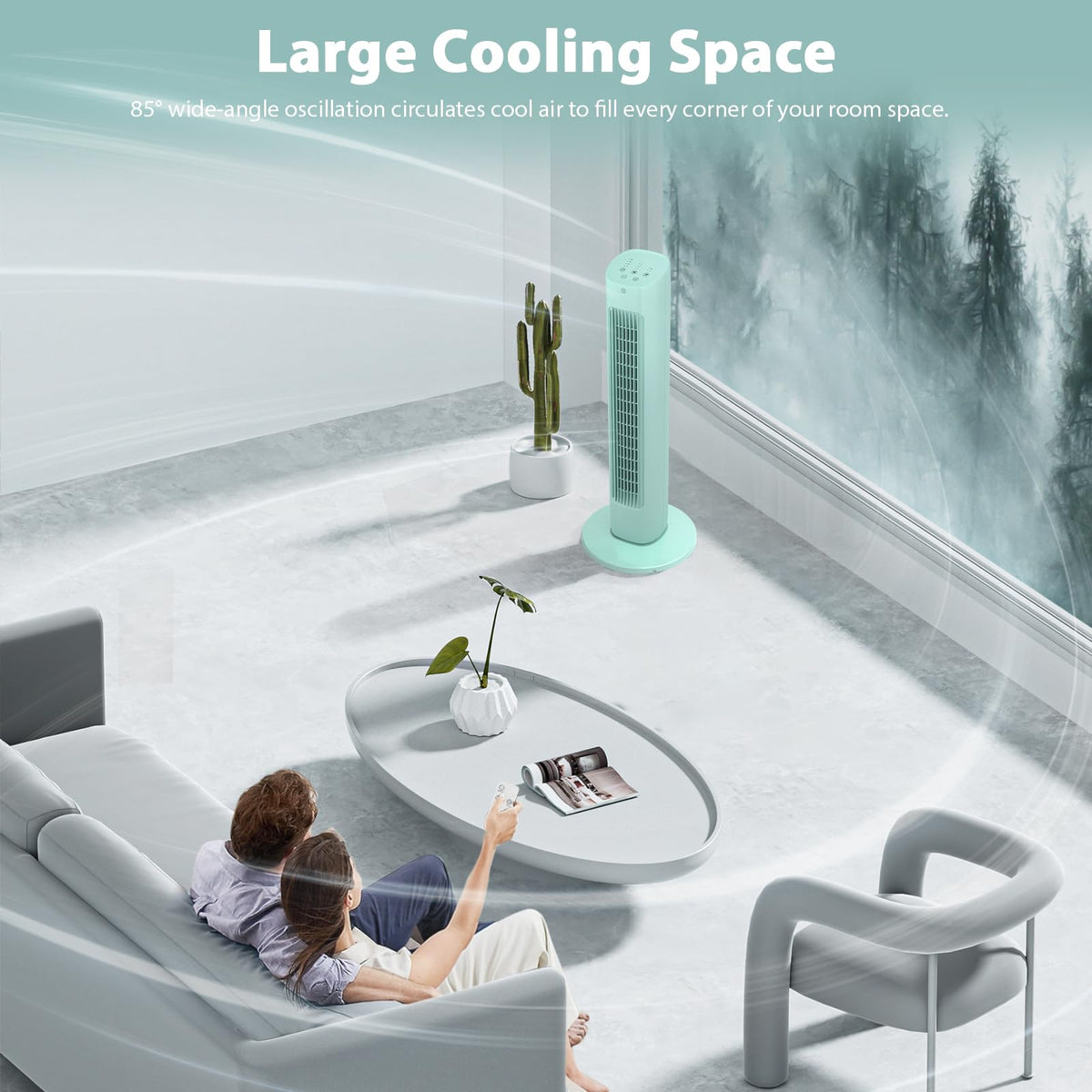 Antarctic Star Tower Fan 85°Oscillating Quiet Cooling 15H Timer Remote Control Powerful Standing 3 Wind Speed 3 Wind Modes LED Display Bladeless Portable LED Display,Bedroom Office, Green