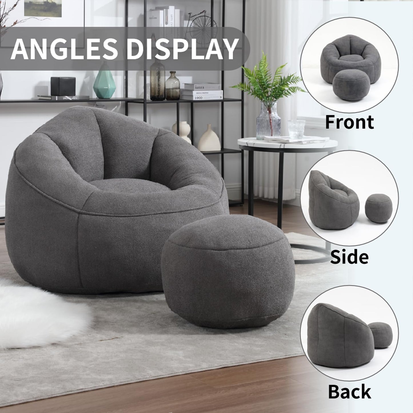 MEIGUGAO Bean Bag Chairs, Gaint Bean Bag Couch with Memory Foam for Adults and Kids, Microfiber Upholstered Sofa with Ottoman, Comfy Lazy Bean Bag Reading Chair for Living Room
