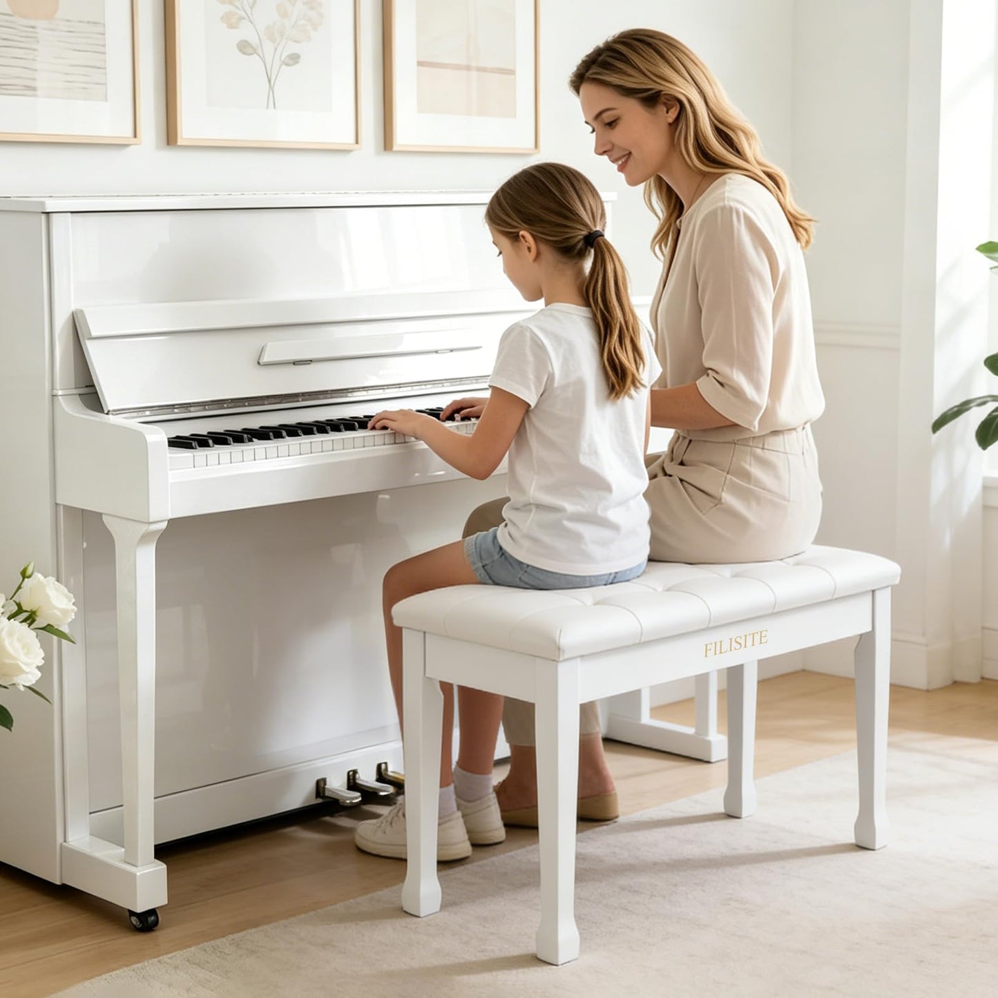 FILISITE Duet Piano Bench with Storage, Wooden Piano Stool with Waterproof Padded Cushion, Bench Seat for Vanity, Living Room, Bedroom (White)