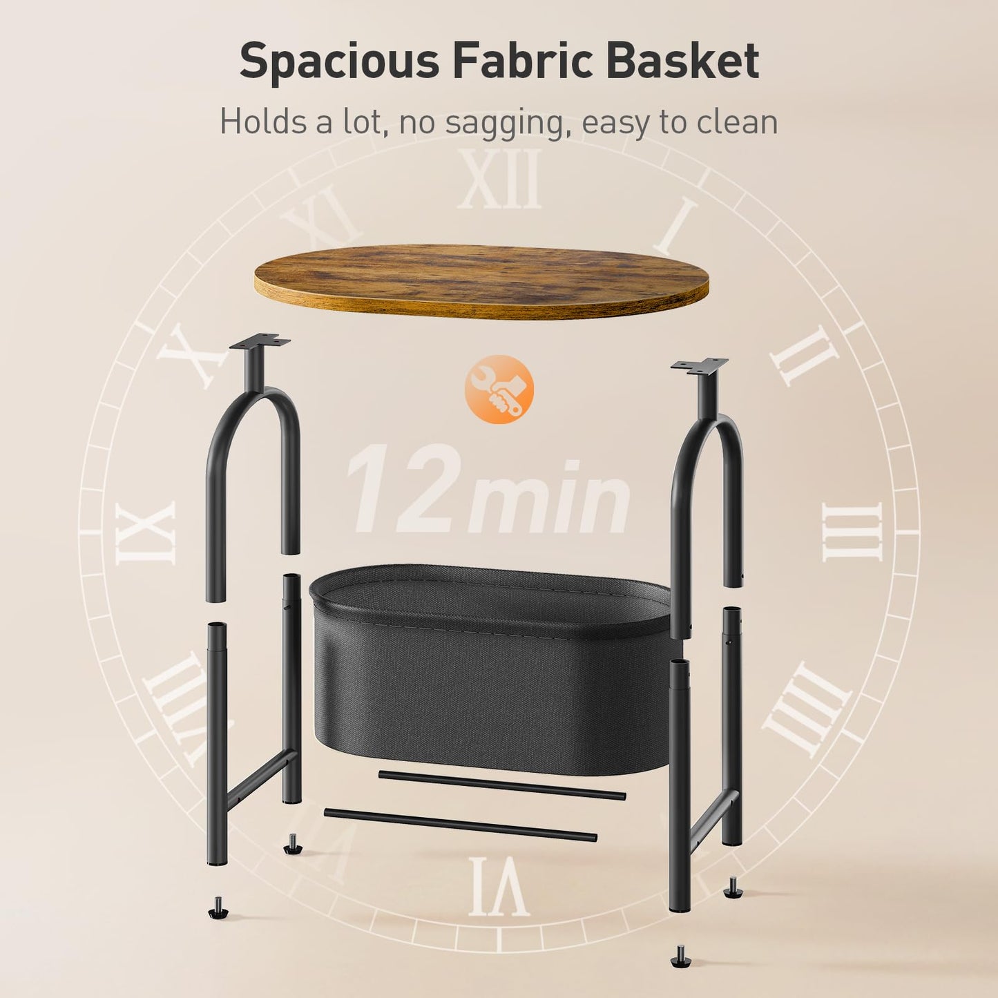 RALGEND Small Round Side Table with Fabric Basket Storage, Oval End Table for Small Spaces, Modern Coffee Bedside Table, Couch Side Table for Living Room, 15.7" X 11.8" X 24", Rustic Brown 8601BZBF