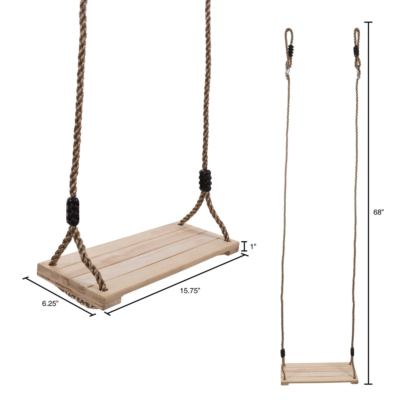 HEY! PLAY! Wooden Swing, Outdoor Flat Bench Seat with Adjustable Nylon Hanging Rope for Kids Playset Frame or Tree, Backyard Swinging Toy, Brown