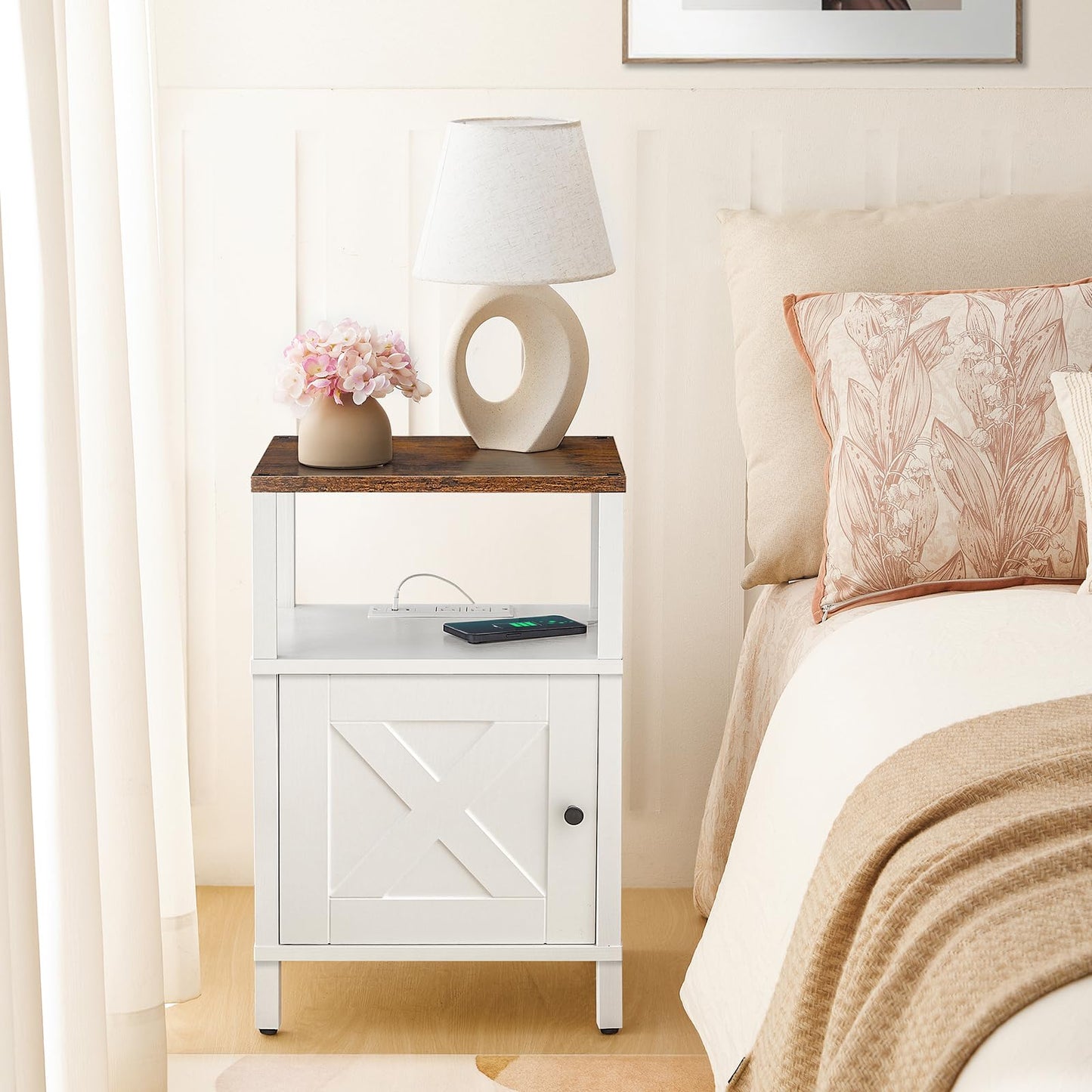 MAHANCRIS Farmhouse Nightstand with Charging Station, Barn Door End Table with USB Ports and Storage Cabinet, Bedside Table for Bedroom, Small Space, White and Rustic Brown ETRW96E01