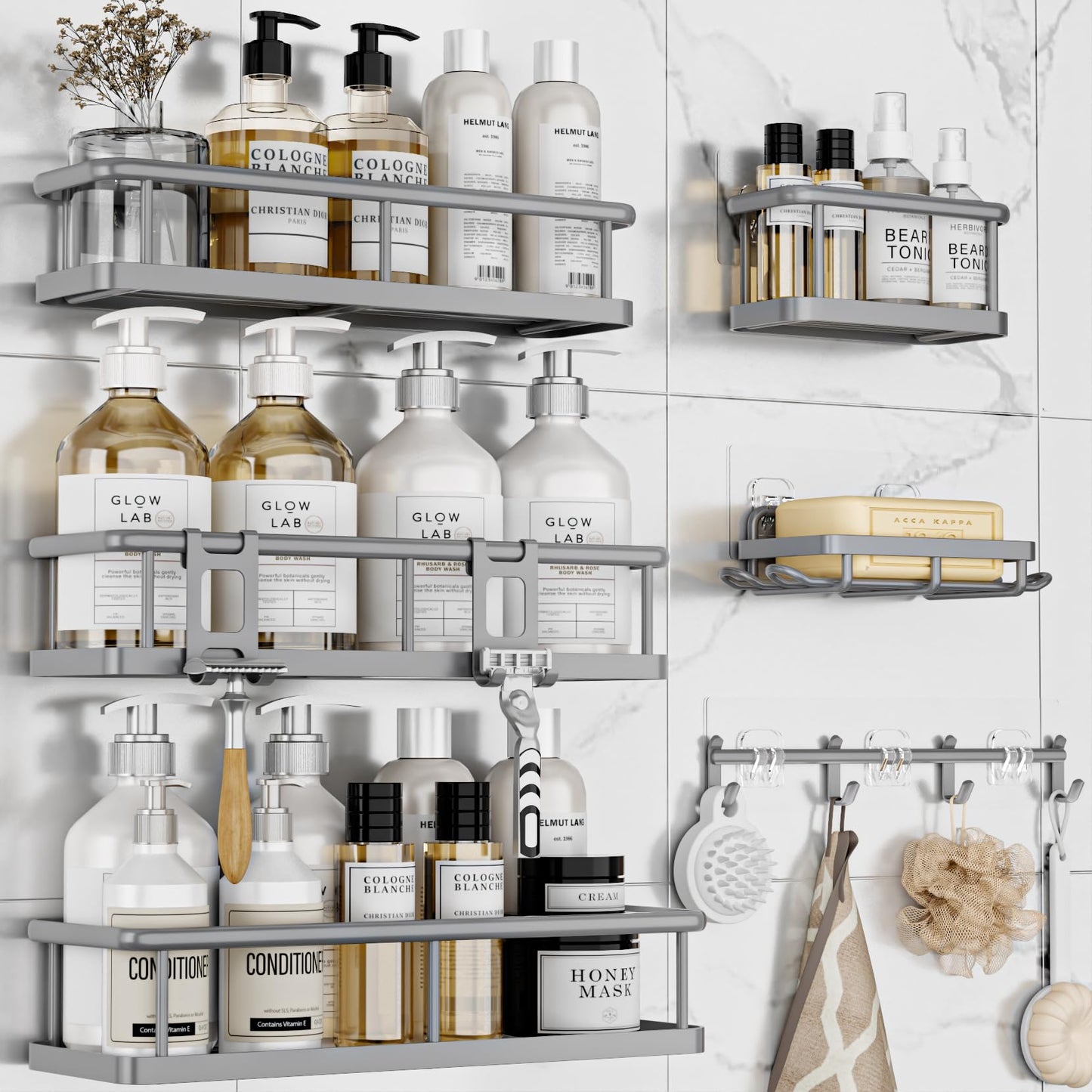 YASONIC Shower Caddy Adhesive, Rustproof Shower Organizer with Soap Holder, Large Capacity Shower Shelves for Inside Shower, No Drilling Bathroom Organizers and Storage for Home Decor（6 Pack Grey）