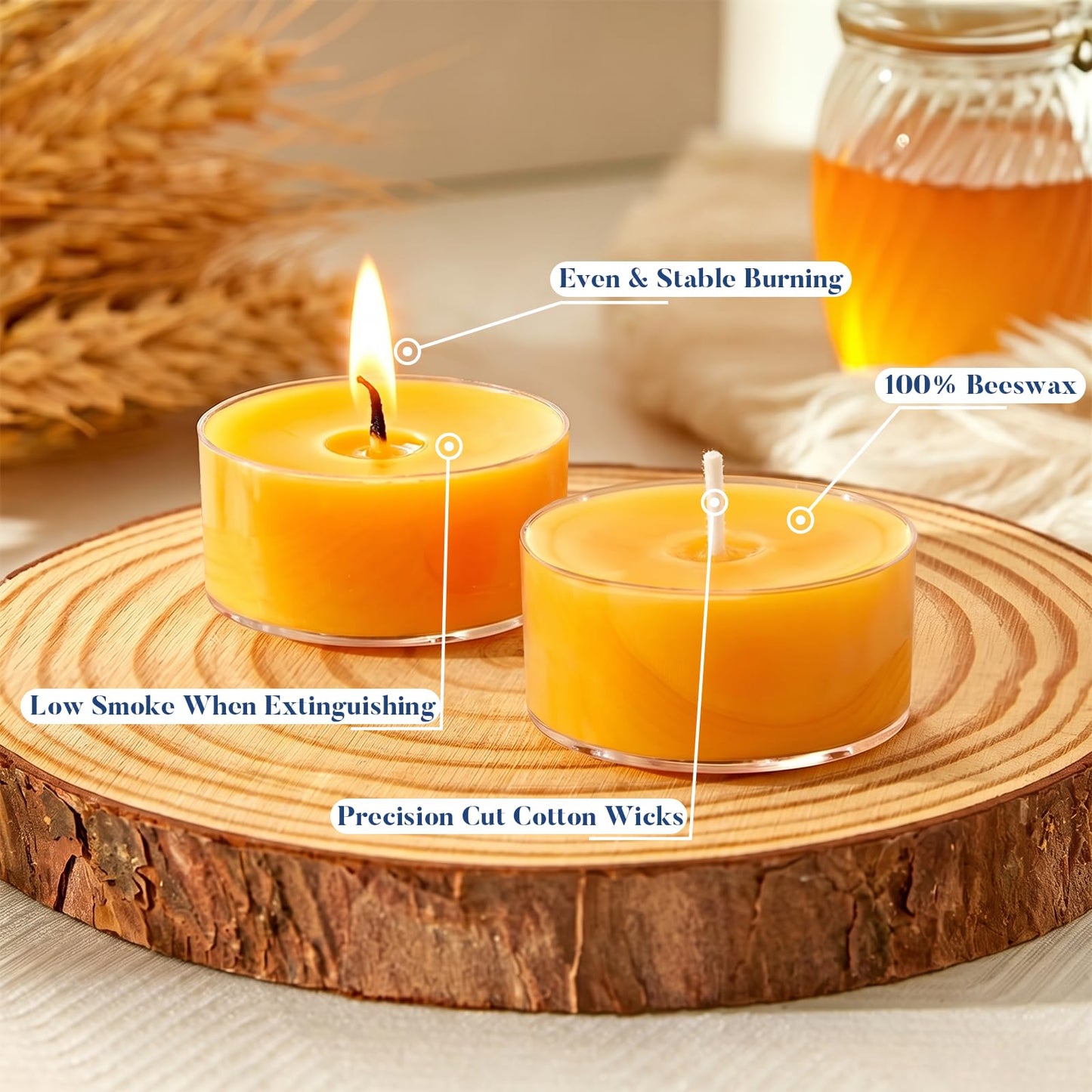 Crenovo 48 Pack Beeswax Tea Lights, 6-Hour Long Burning Tealight Candles, Ideal for Dinners Meditation Home Decor Tea Candles