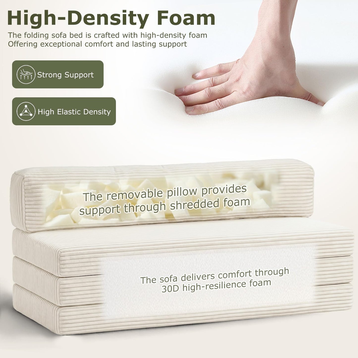 NLDD Convertible Sofa Bed, Boneless Loveseat with Removable Cushions & Washable Corduroy Cover, Futon Sofa Bed with Handle, Pull Out Couch for Small Spaces, Full Size, Beige