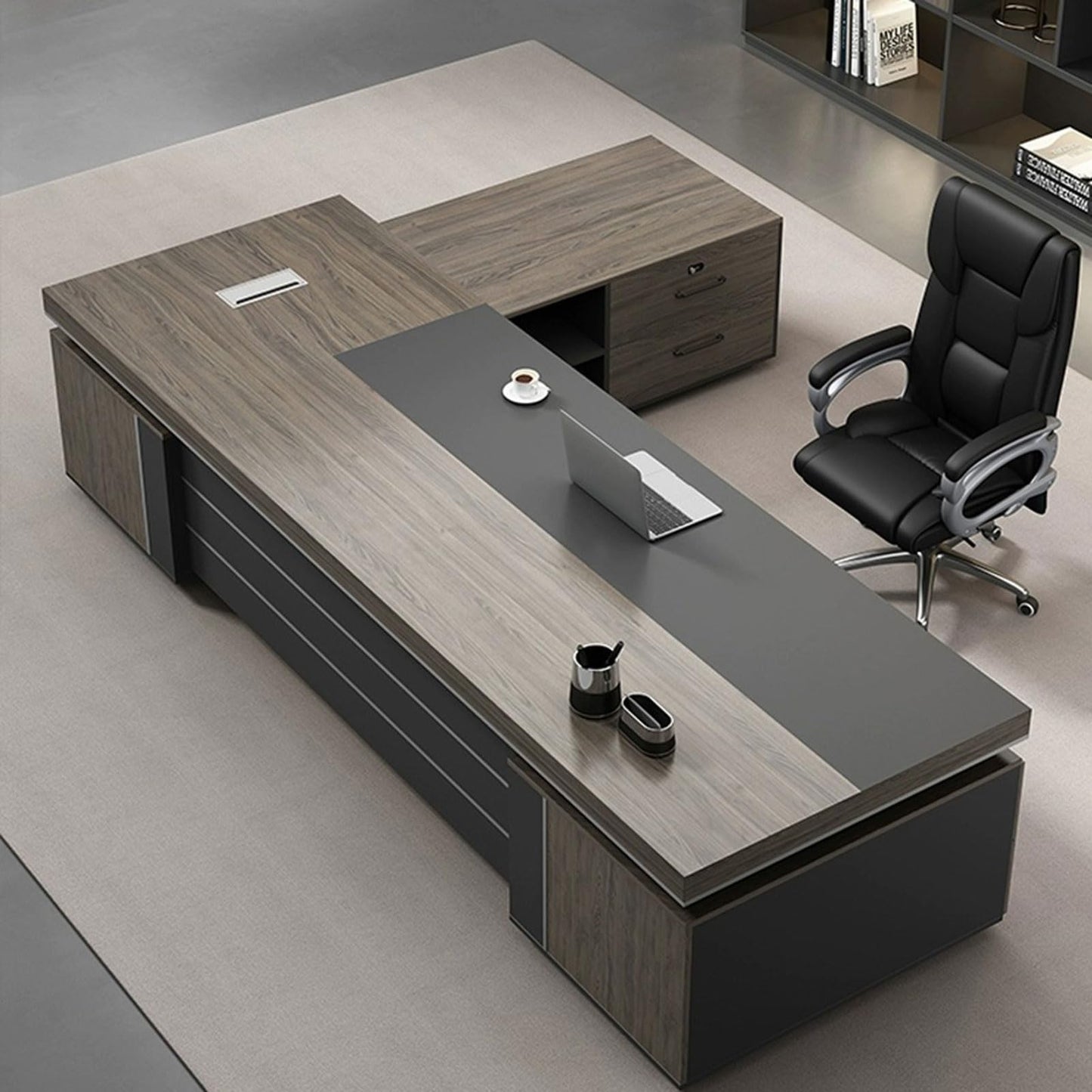 LSIGHTUS Luxury Executive Desk with Shelves and Lateral Cabinet for CEO Boss Manager Gaming Table Business Furniture Workstation for Home Office