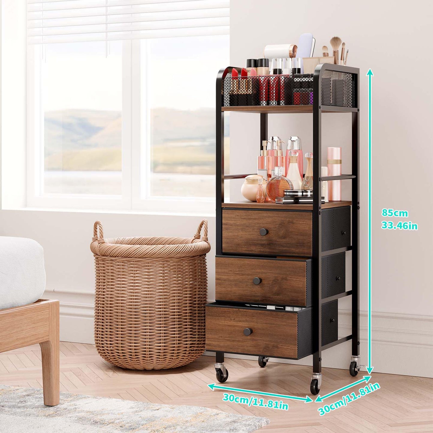 HapiRm Rolling Makeup Cart Organizer - Floor Skincare Make Up Storage with 3 Non-woven Fabric Drawers, Vanity Organizer Cosmetic Display Cases Holder for Skin Care Perfume Nail Polish Brush Hair Tool