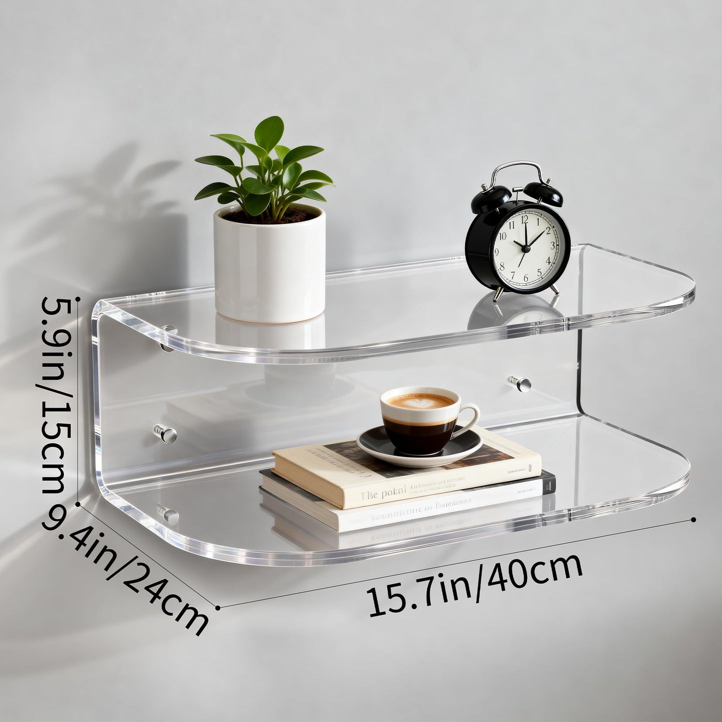 Dewrhiixe Acrylic Floating Nightstand, Wall Mounted Bedside Table Shelf (Clear, 15.7”×9.4“×5.9”)