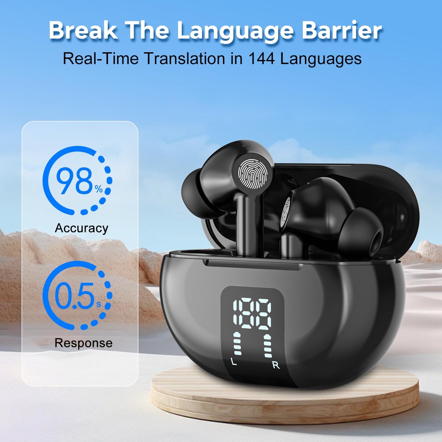 HTPREC Translation Earbuds,Offline Translation Noise Cancelling Wireless Earbuds,Real Time 144 Translation Languages Bluetooth Headphones,Fast Reaction Translation Device (Black)