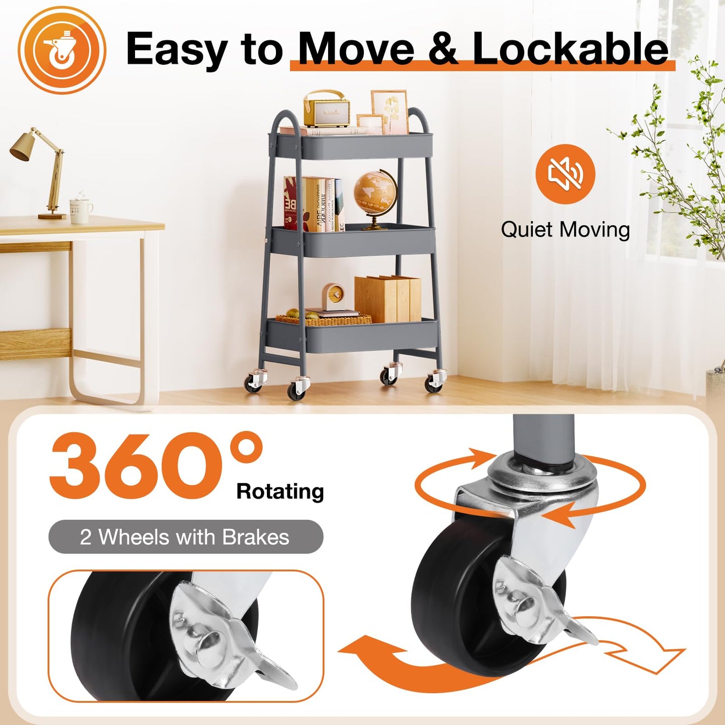 NEWBULIG 3-Tier Metal Rolling Cart with Lockable Wheels, Heavy Duty Mobile Utility Storage Shelf, Roller Book Snack Cart, Organization for Livingroom, Bathroom, Office, Grey