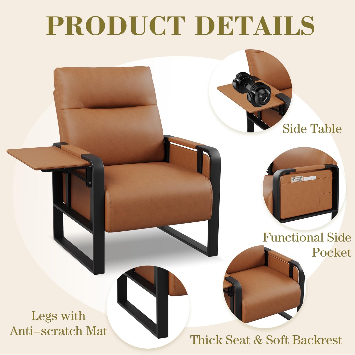 Apeaka Modern Brown Accent Chair PU Leather Upholstered Armchair with Foldable Side Table for Bedroom Living Room Chairs Office Chair