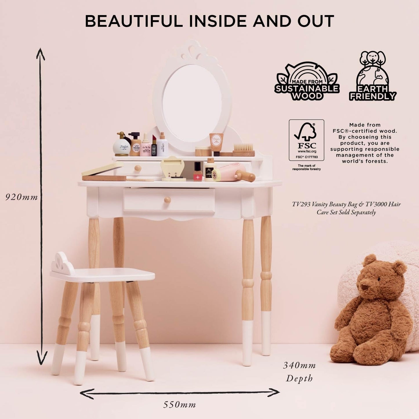 Le Toy Van - Wooden Vanity Table with Mirror and Chair - Bedroom Furniture - Victorian Style Oval Dressing Table - Desk with Drawers and Stool - Kids 3+