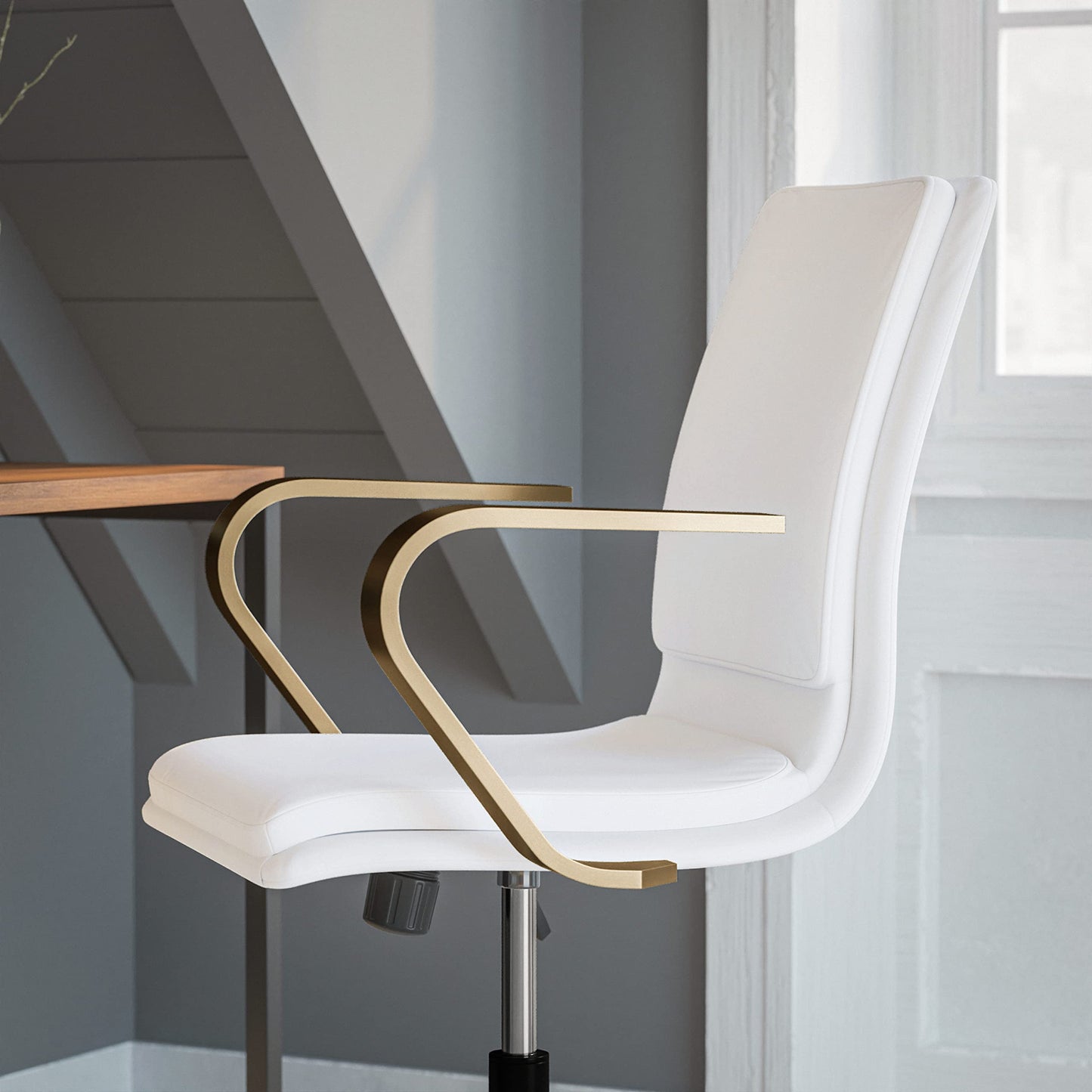 Flash Furniture James Mid-Back Designer Executive Office Chair - White LeatherSoft Upholstery - Brushed Gold Base and Arms - Height Adjustable 360° Swivel Seat