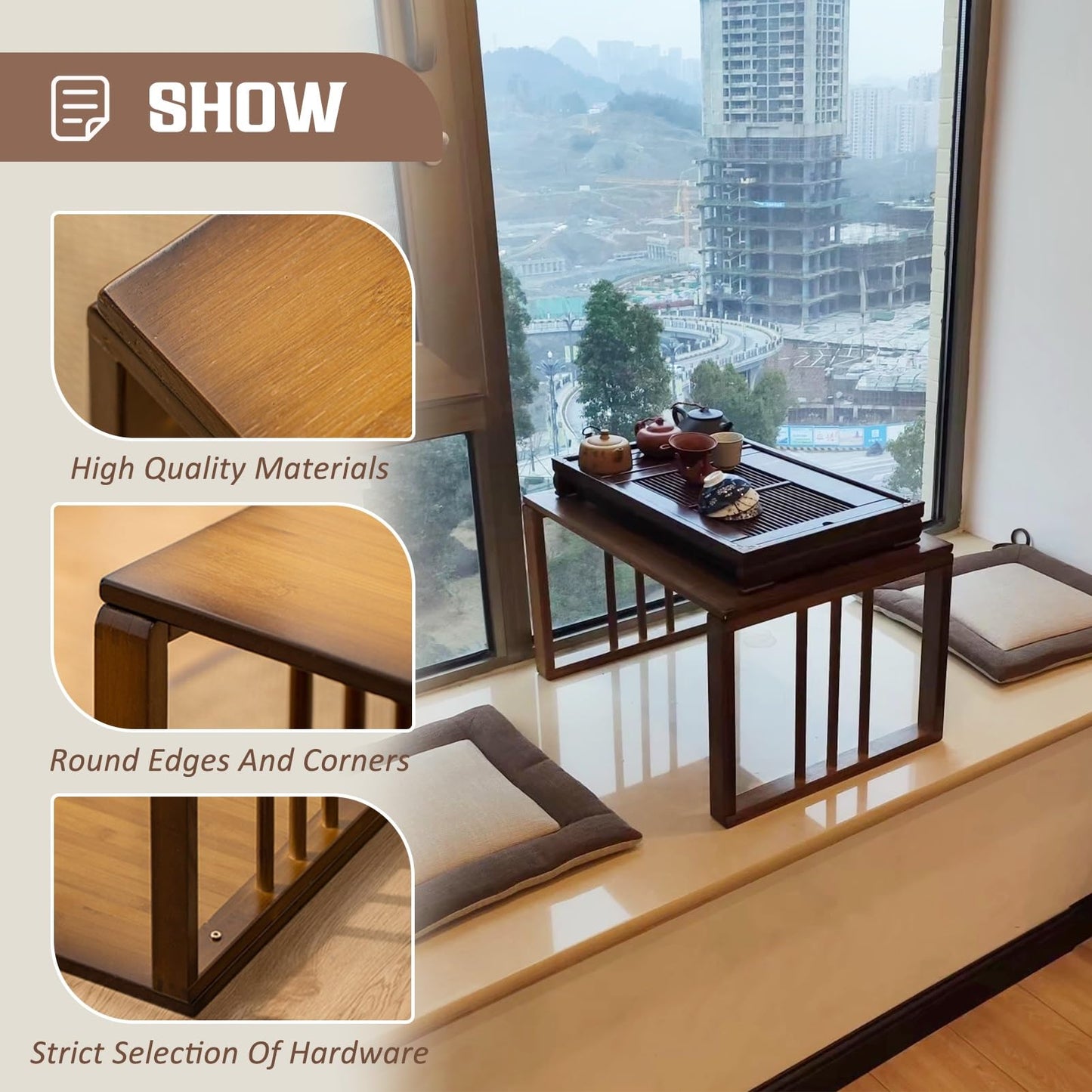 GHHDPXM Japanese Style Bamboo Folding Coffee Table - 70cm Zen Centerpiece for Home, Meditation, and Picnics - Elegant, Durable Table for Tranquil Spaces
