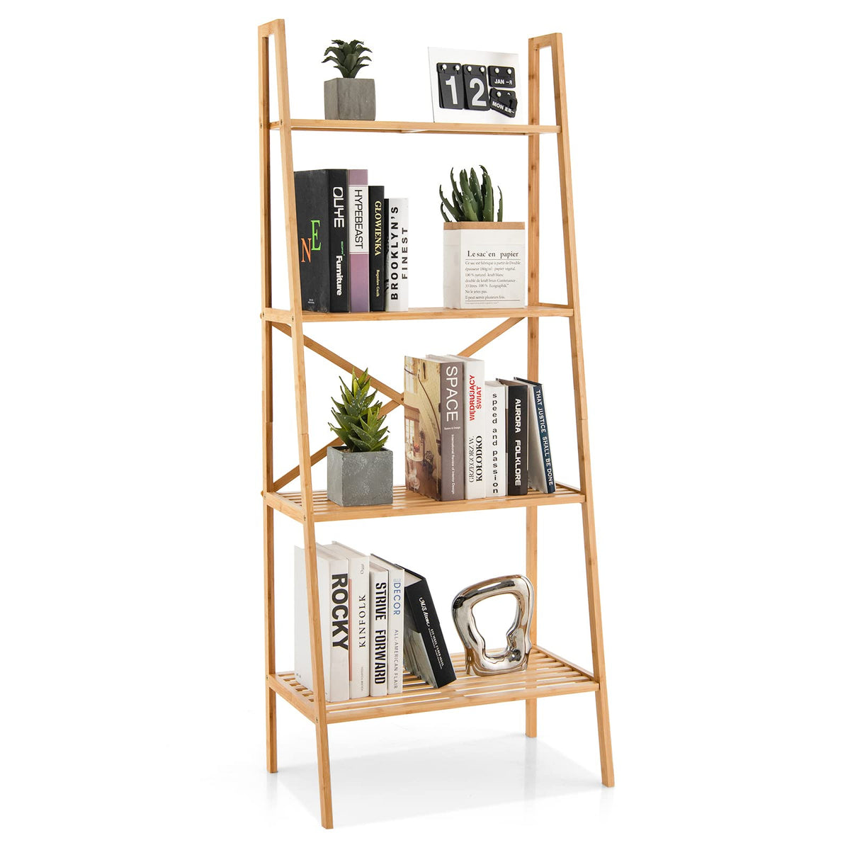 Giantex 4-Tier Bamboo Bookshelf, Multifunctional Storage Display Rack Shelves with Anti-Tipping Device, Natural Bamboo Ladder Shelf for Home Office Kitchen Bathroom