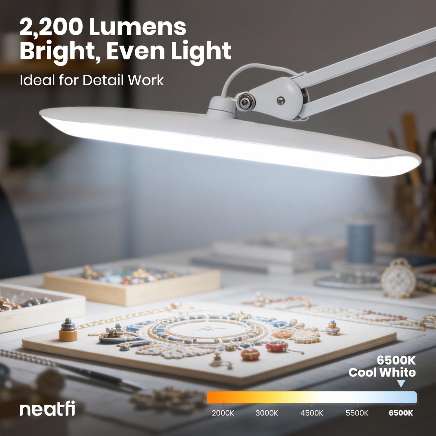 Neatfi XL 2200 Lumens 24W LED Desk Lamp – Shadow-Free Task Lighting | 4-Level Dimming | Home Office & Crafts Use | 20-Inch Wide Head (Gray Wood, Non-CCT with Clamp)