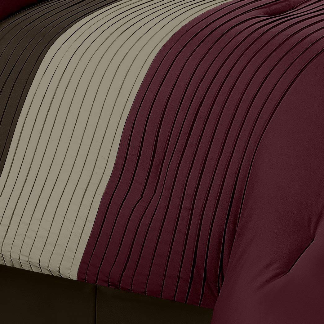 Chezmoi Collection Loft 8-Piece Luxury Striped Comforter Set (Full, Burgundy/Coffee/Brown)