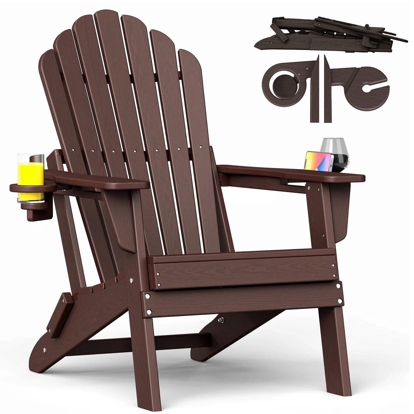 Folding Adirondack Chair with Dual Cup Holders, Ergonomic High Back HDPE Fire Pit Chair, 380lbs Capacity All-Weather Outdoor Patio Lounge Chair for Garden, Deck, Yard - Coffee