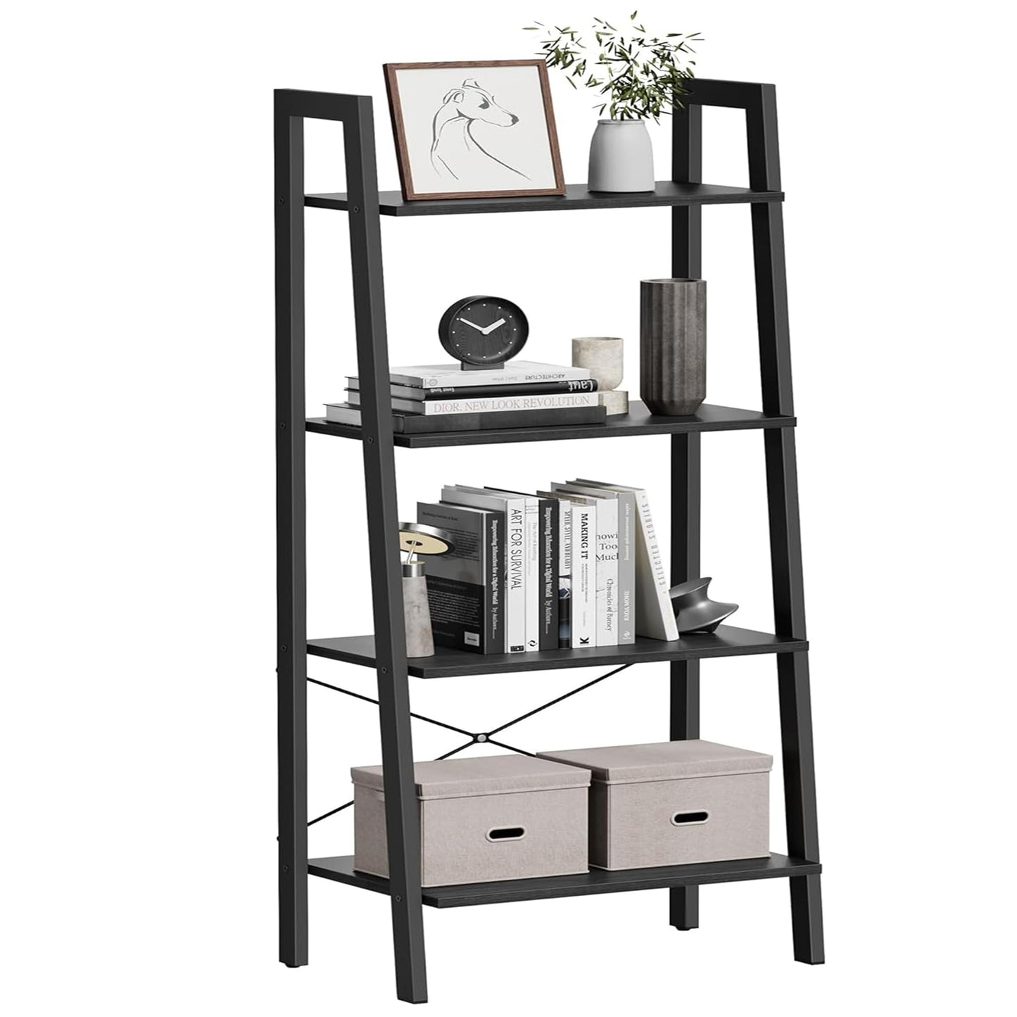 VASAGLE BARNET Collection - Ladder Shelf, Bookshelf, Storage Rack, Modern Bookcase for Living Room Home Office Kitchen, Steel Frame, 4-Tier, 22-Inch Wide, Charcoal Gray and Ink Black ULLS044B04