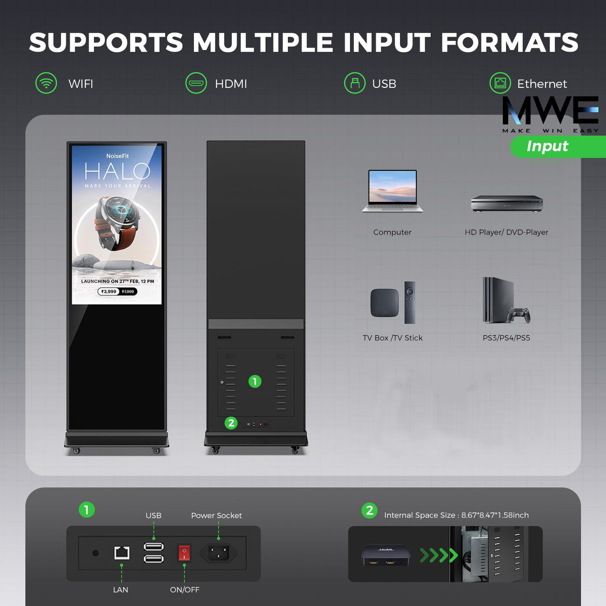 65 Inch 4K Digital Signage Display, Indoor Floor Standing Advertising Display Kiosk Android System,Commercial LCD Totem Support HDMI-in,Free Customization Stickers and Lifetime CMS System(Black)