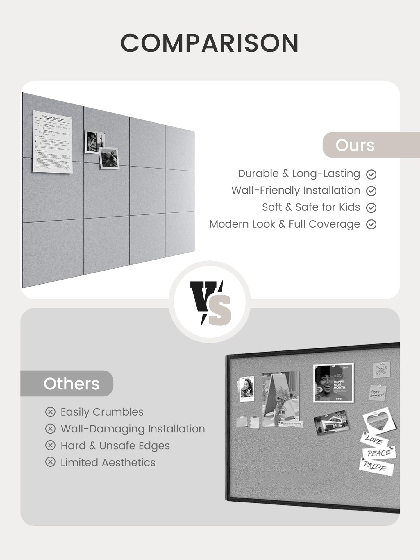 Bumusty Large Cork Board 48" x 36" Alternative - 12 Pack Felt Wall Tiles with 70 Safe Removable Adhesive Tabs, 30 Pushpins, Cork Boards for Walls Pin Board Bulletin Board Office Decor (Soft Gray)
