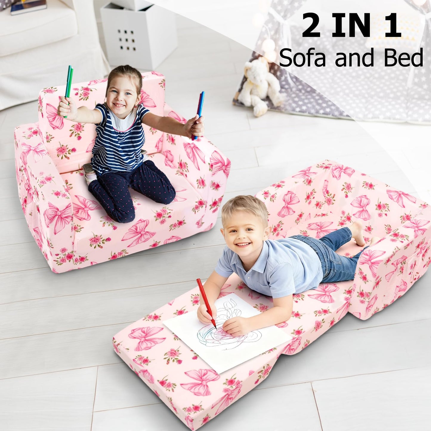 Beavtaens Kids Couch, 2-in-1 Kids Fold Out Couch, Convertible Sofa to Lounger for Girls and Boys, Soft Toddler Chairs Comfy 1-3 Years Old(Pink Bow)