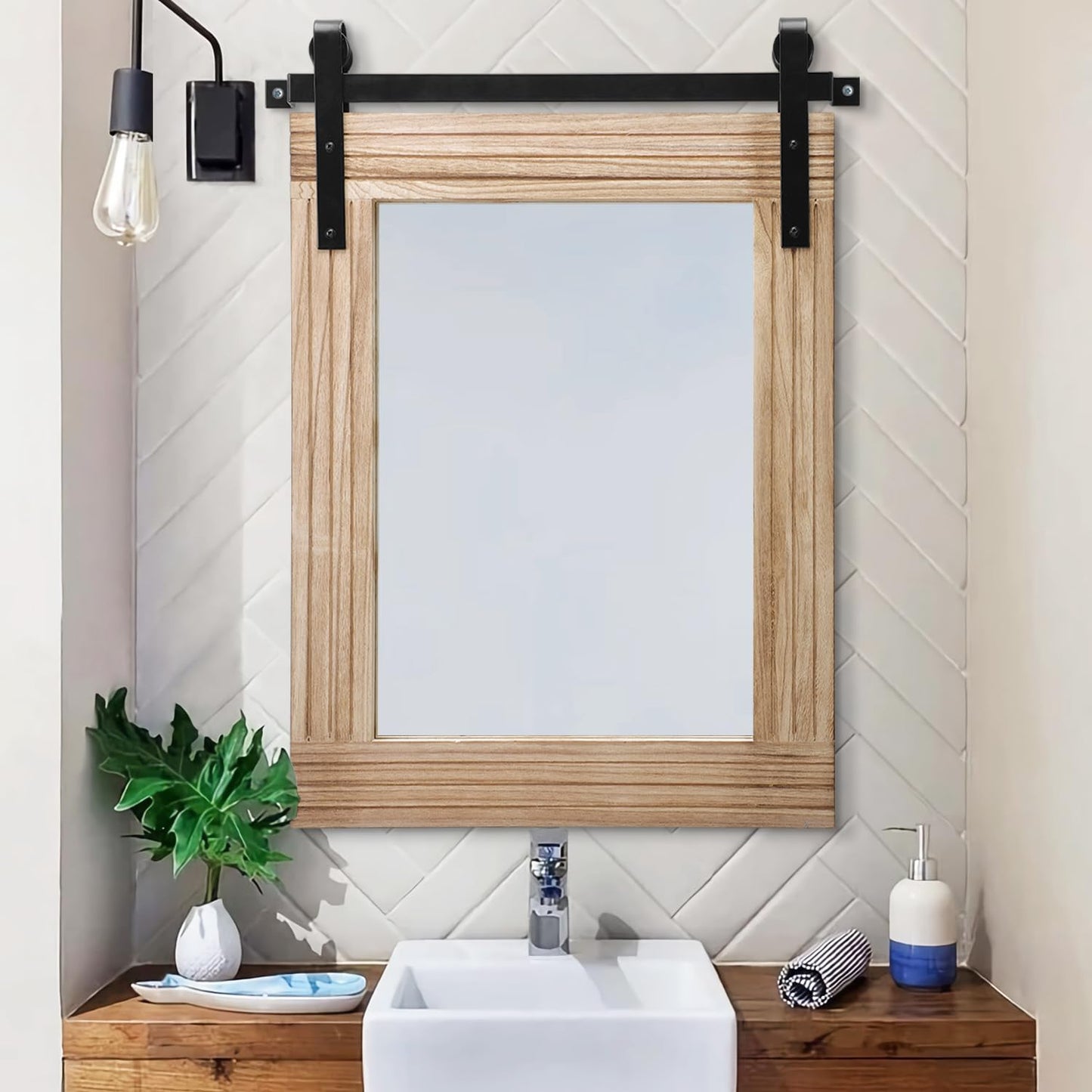 AAZZKANG Rustic Mirrors for Wall Large 26"x18" Rectangle Wood Frame Mirror with Metal Bracket Farmhouse Bedroom Living Room Decorative Wall-Mounted Mirror