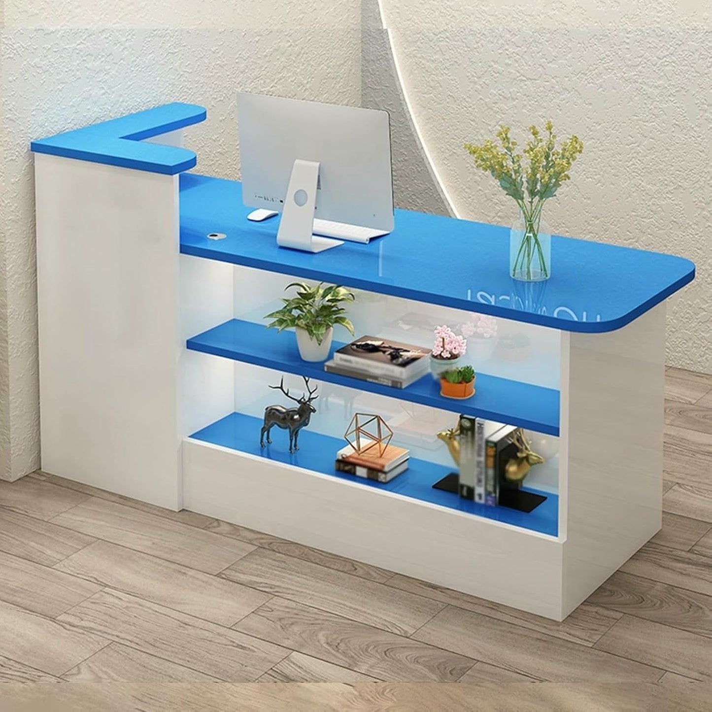 Reception Desk, Retail Checkout Counter, Front Desk Reception Counter, Wooden Checkout Office Desk with Lockable Drawer and LED Light, for Salon Reception Room Store Hotel(White+Beige L,100cm/3