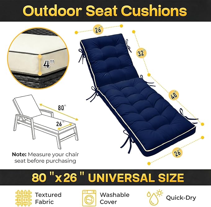 2 Pack 80x26 Inch Folding Chaise Lounge Cushion Quick Dry