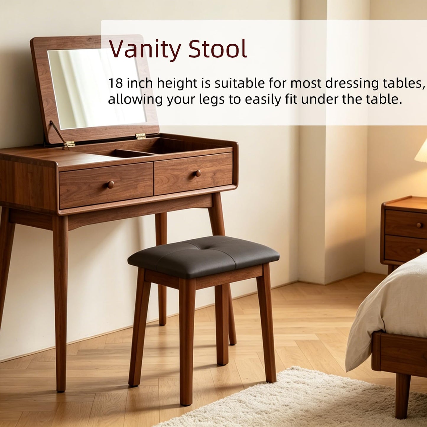 YETEYOW Solid Wood Vanity Stool with Cushion, 11" D x 15" W x 18" H - Small Wooden Ottoman Bench Chair Padded Seat for Bedroom/Living Room/Office/Makeup Vanity/Closet/Desk - Dark Grey