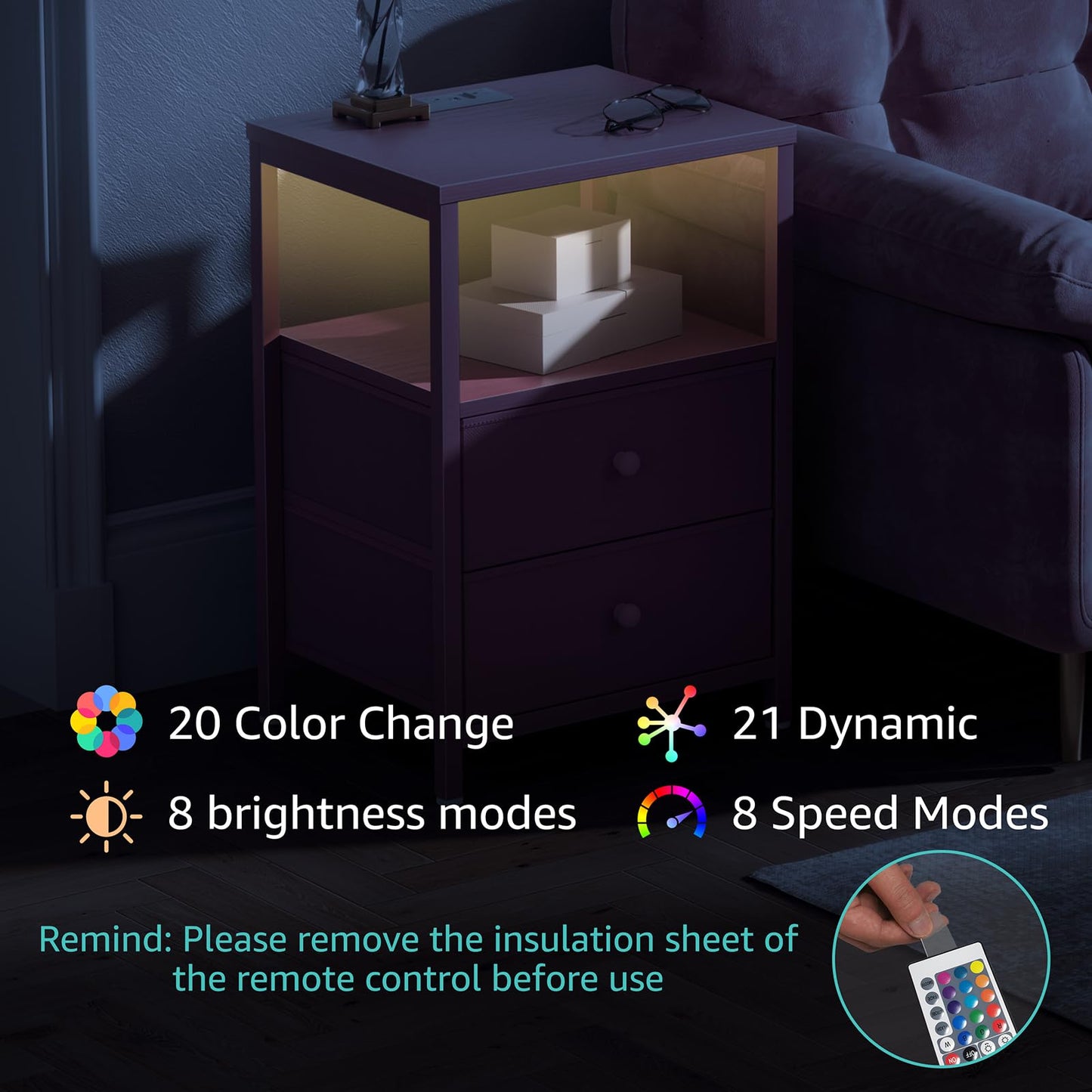 BOLUO Pink Nightstand with Charging Station, LED Night Stand with 2 Fabric Drawers, Bedside Table with USB Ports and Outlets, Nightstand for Bedroom Modern