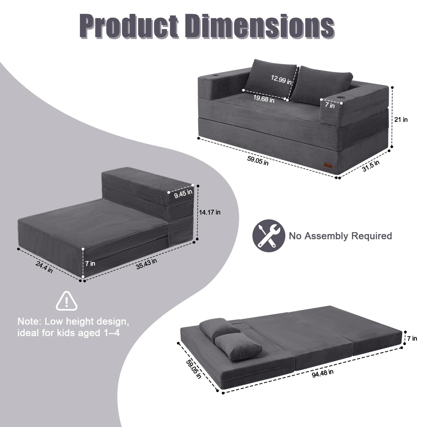 MeMoreCool Futon Couch Convertible Sofa Bed Queen, Folding Floor Couch Bed with Pillow, Corduroy Grey Foldable Sofa Sleeper, Fold Out Boneless Loveseat Lounge for Living Room Small Spaces