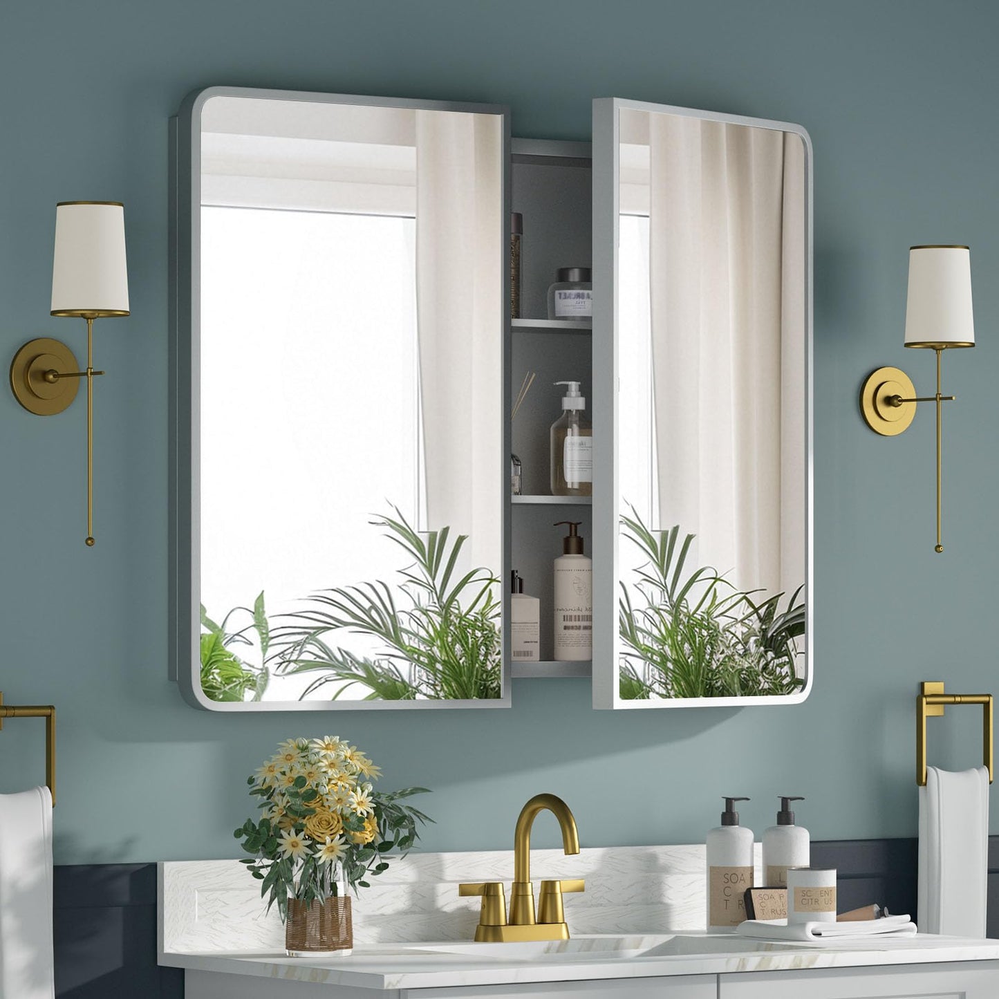 YTSMIR Bathroom Medicine Cabinet with Mirror 24x30Inch, Silver Medicine Cabinet Recessed or Surface Wall-Mounted, Mirrored Cabinets with Sturdy Metal Adjustable Shelves for Bathroom Vanity