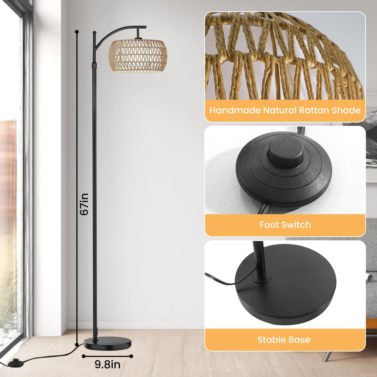Yusist Arc Floor Lamp for Living Room,Farmhouse Floor Lamps with Remote Control & Dimmable Bulb, Boho Rattan Tall Standing Lamp for Bedroom Office