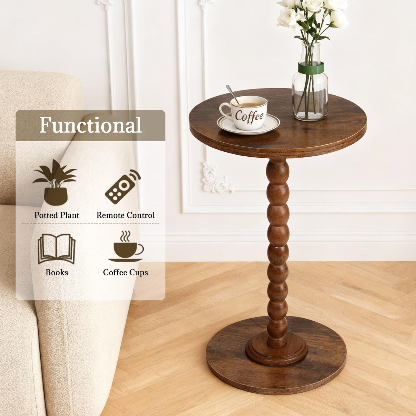 FIAHOSEY Small Walnut Drink Table - 22.56" Tall Vintage Bobbin End Table for Small Spaces, Dark Wood Pedestal Accent Table for Living Room, Classic Martini Table