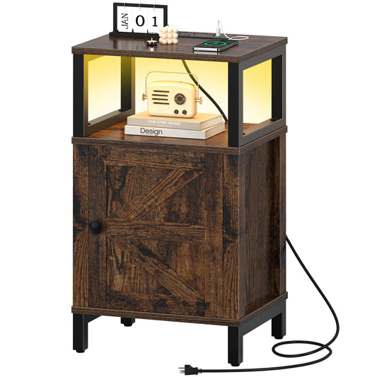 Yoobure Farmhouse NightStand with Charging Station，Wood Night Stand End Table with USB Ports, LED Bed Side Table with Storage Cabinet，Bedside Table for Bedroom, Living Room Rustic Brown
