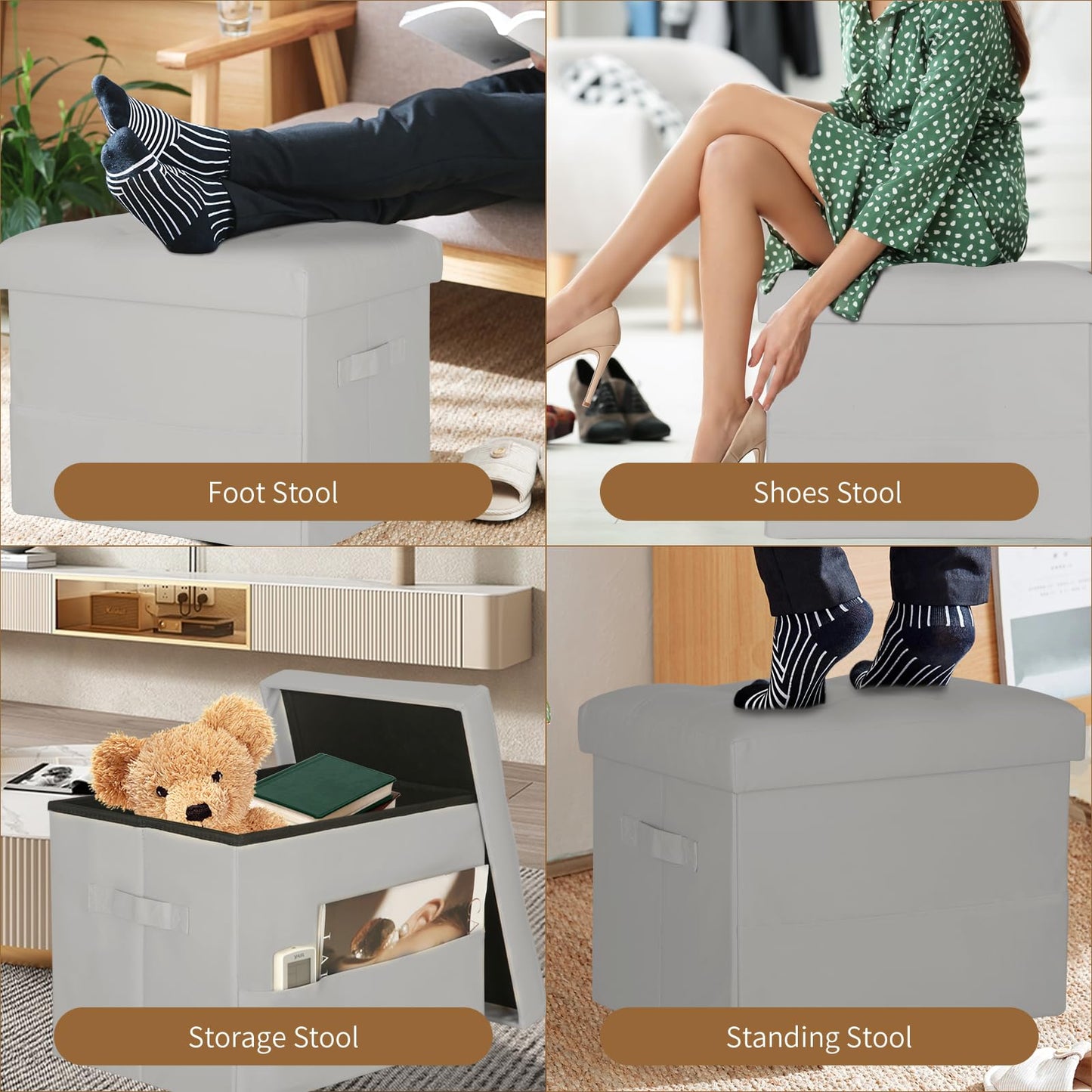 BelugaHelper Folding Storage Ottoman. Foot Rest Stool with Thicker Foam Padded Seat. 330 lbs Leather Ottoman with Storage Bench for Living Room, Bedroom, Home Office Table, 17x13x13in, Grey