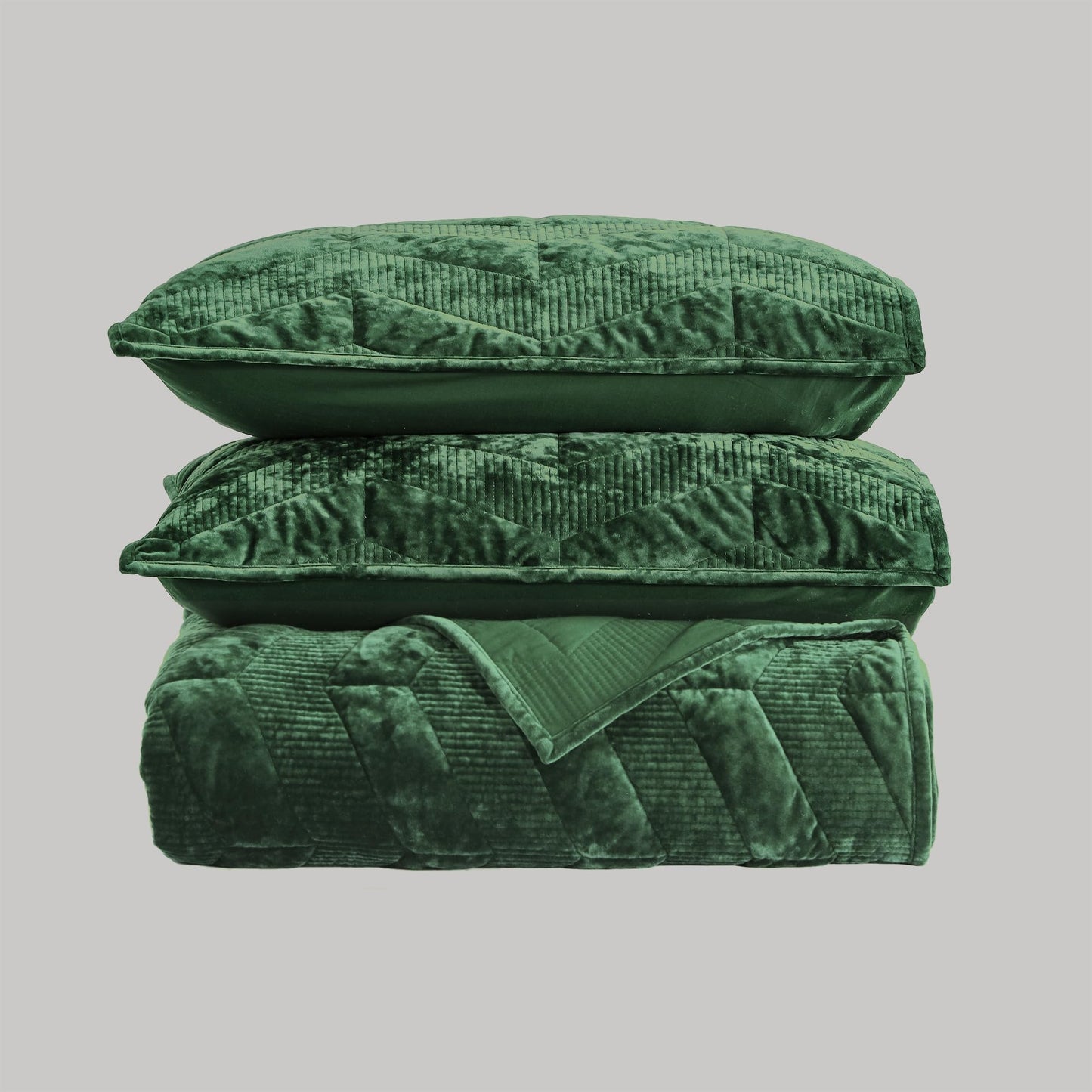 SHALALA Luxury Velvet Quilt Set King Size,Ultra Soft Lightweight Summer Velvet Comforter Set, Oversized Bedspread Coverlet with 2 Shams Geometries Pattern,for All Season(Evergreen,King)