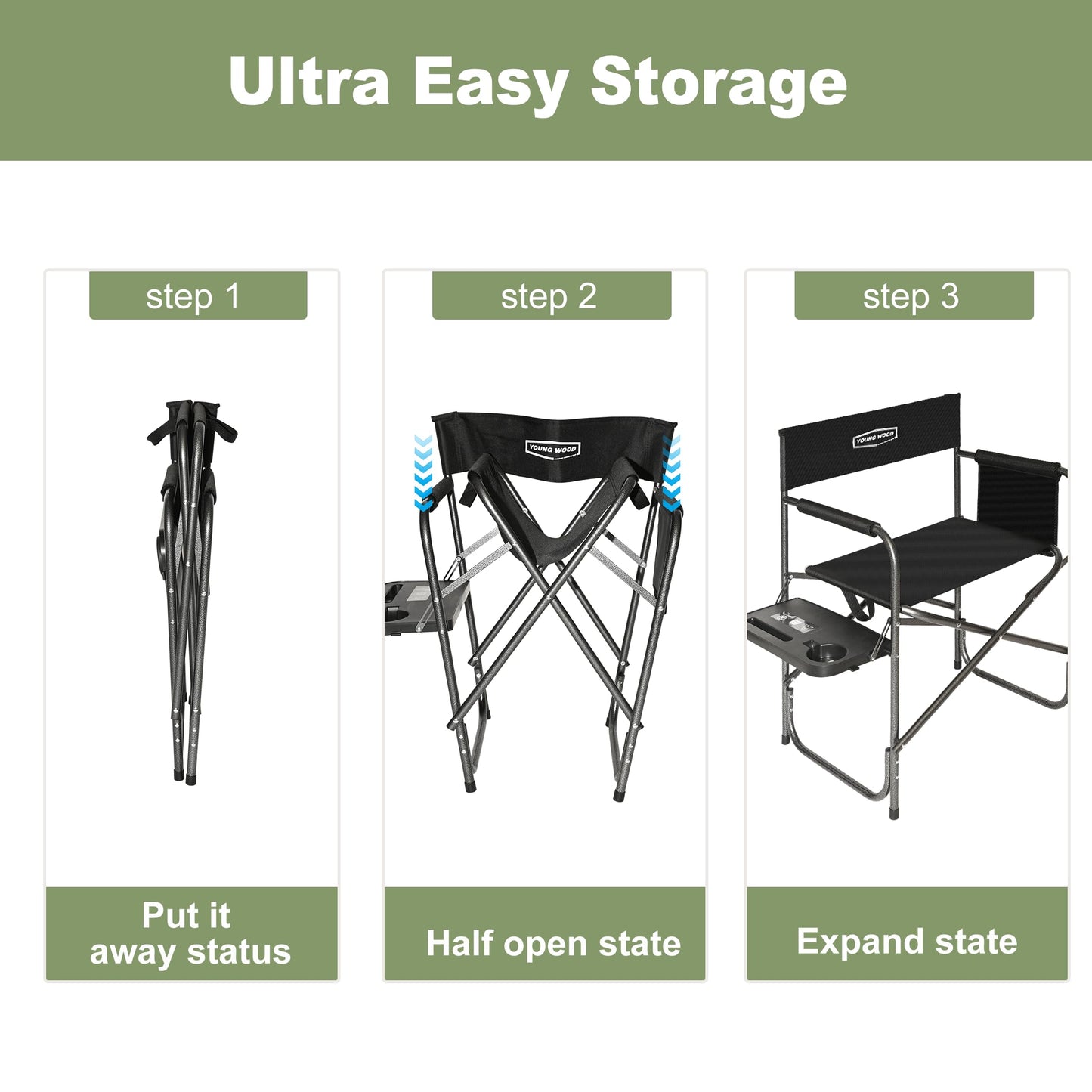 YOUNG WOOD Camping Directors Chair, Lightweight Oversized Portable Folding Chair with Side Table and Storage Pockets for Outdoor Camping, Lawn, Picnic and Fishing, Supports 400lbs (Black)