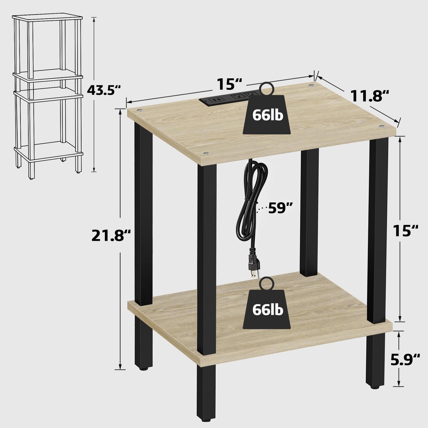 TUTOTAK End Table with Charging Station, Small Side Table with Outlets, Nightstand Bedside Table, 2-Tier Storage Shelf for Small Space, Living Room, Bedroom, Oak TB01BO040