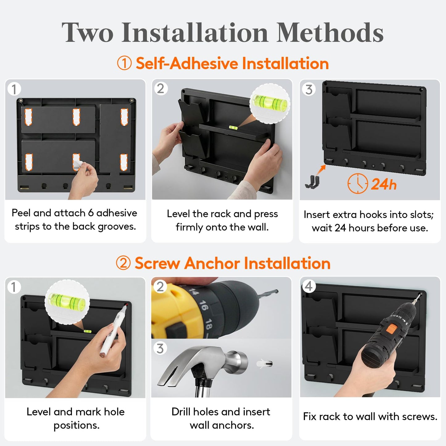 Lifewit Plastic Adhesive Bedside Shelf, Floating Pegboard Shelves, Key Remote Control Holder, Wall Organizer for Glasses, Phone, Earbuds, Bedroom Decor, Dorm Room Essentials, Black