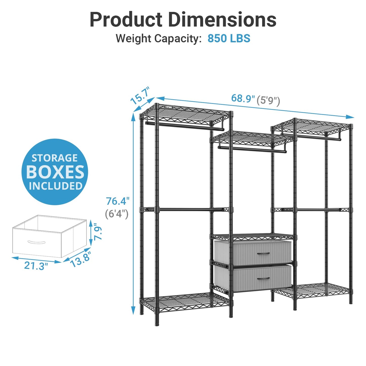 VIPEK V20 Plus Clothes rack with Drawers for Bedroom/Walk-in Closet, Black