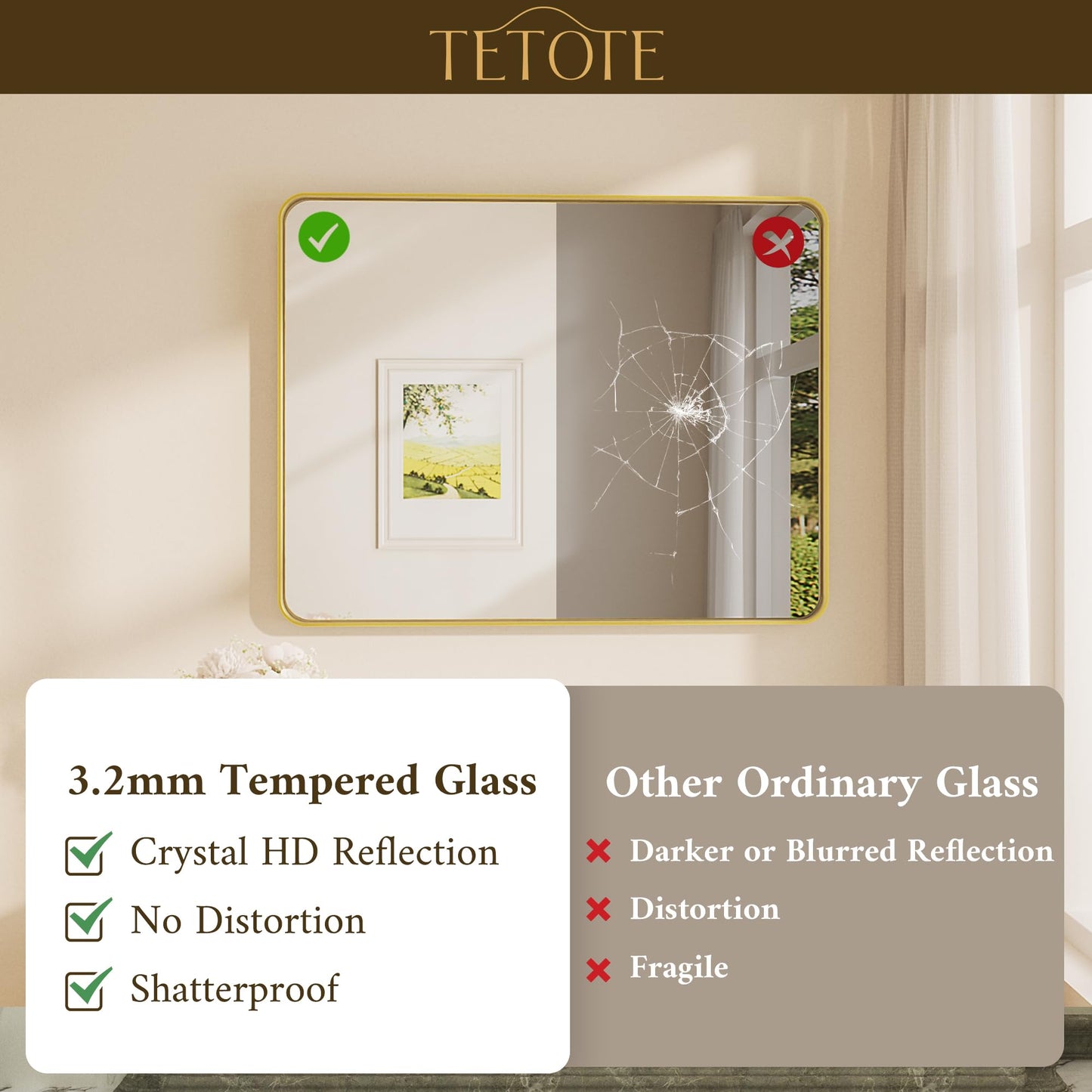 TETOTE Brushed Gold Bathroom Mirror, 24 x 30 Inch Metal Framed Mirror, Brushed Brass Rectangle Wall Mounted Golden Vanity Mirror (Horizontal/Vertical)