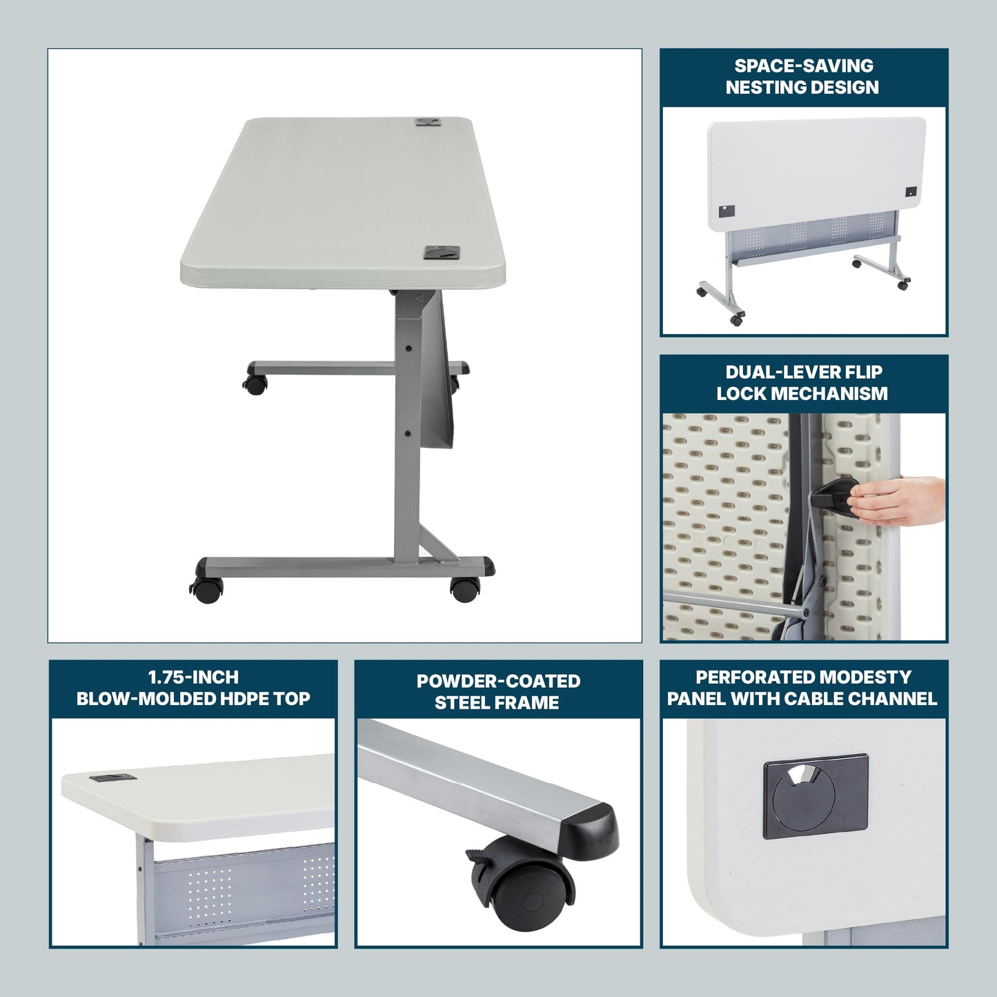 OEF Furnishings OEFBPFT2460 Commercial-Grade Premium Industrial Nesting Flip-Top Blow-Molded Training Table with Steel Frame and a 1.75" Thick Surface (24" × 60", Speckled Grey Top)