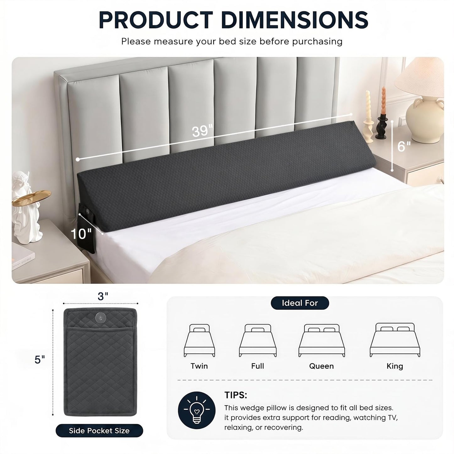 Twin Bed Wedge Pillow for Headboard Gap Filler Pillow Plus (0-8") Mattress Wedge Gap Filler Twin Between Wall and Mattress,for College Dorm,Sleeping Backrest Headboard Pillow Dark Grey Bedroom Decor