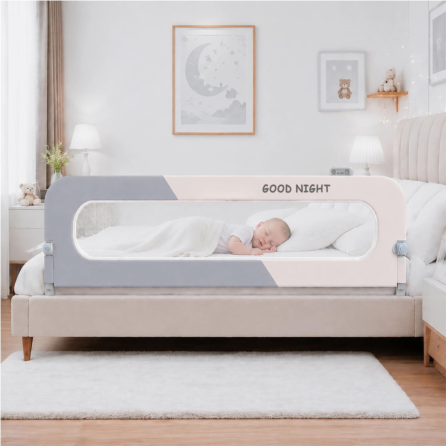 HIQNWTO Bed Rail for Toddlers, 71" Foldable Baby Bed Rail Guard with Drilled-Free Installation, Adjustable Height, Suitable for Twin, Full, Queen & King Size (Gray Patchwork, 71inch)