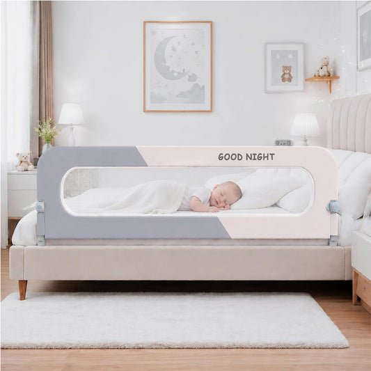 HIQNWTO Bed Rail for Toddlers, 71" Foldable Baby Bed Rail Guard with Drilled-Free Installation, Adjustable Height, Suitable for Twin, Full, Queen & King Size (Gray Patchwork, 71inch)