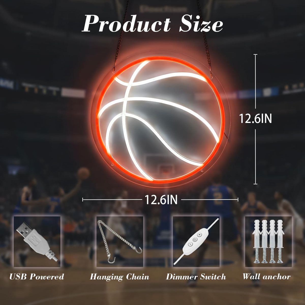 Basketball Neon Sign for Wall Decor, Dimmable LED Light for Bedroom Sports Room Decor, Basketball Gifts for Boys 8-12, 12.6 x 12.6 Inches