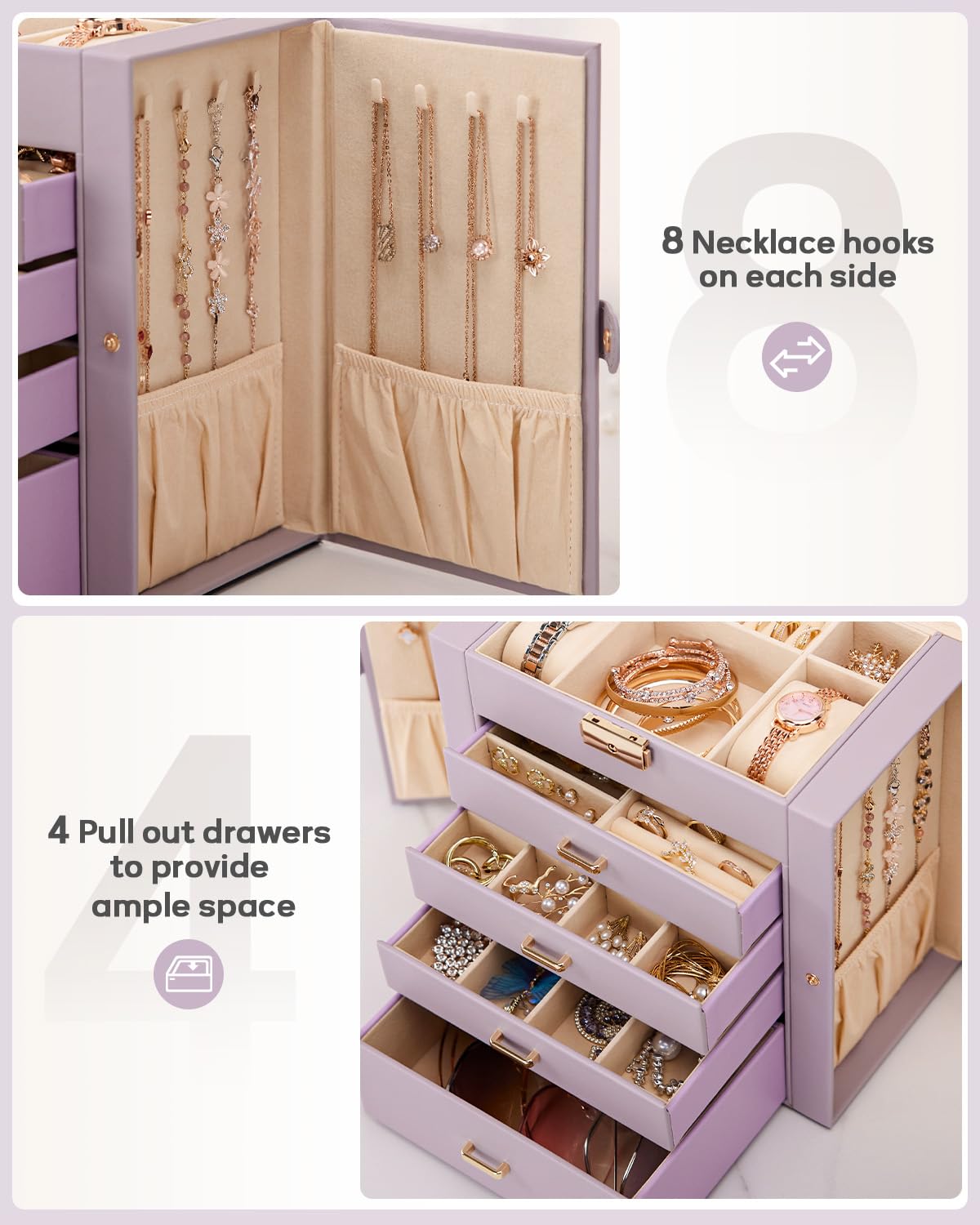 Homde Synthetic Leather Huge Jewelry Box Mirrored Watch Organizer Necklace Ring Earring Storage Lockable Gift Case (Grey Purple + Gold)